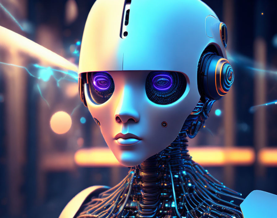 Futuristic humanoid robot with purple glowing eyes and neon lights