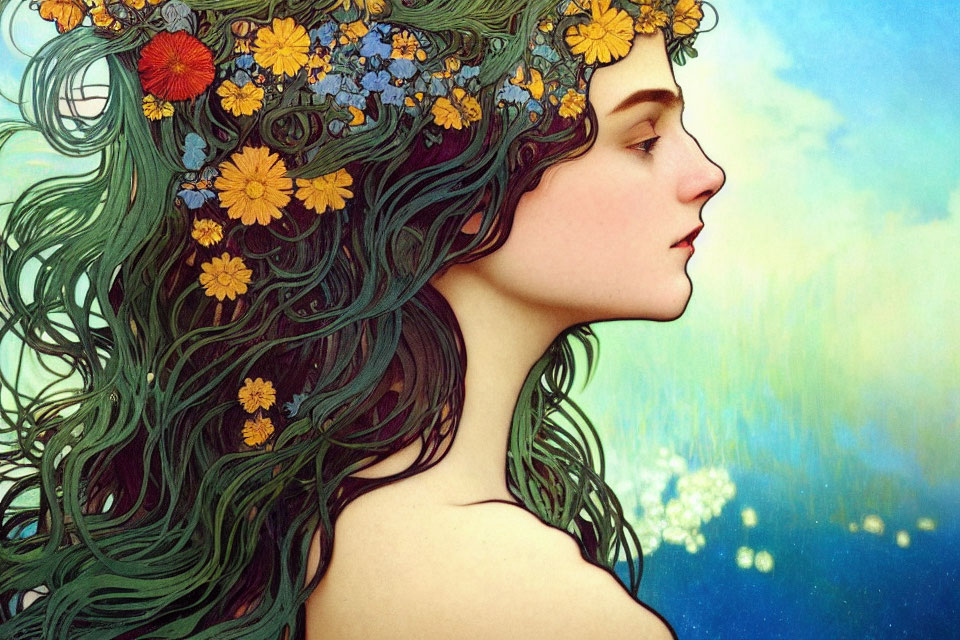 Woman with Long, Wavy Green Hair and Floral Crown on Blue Background