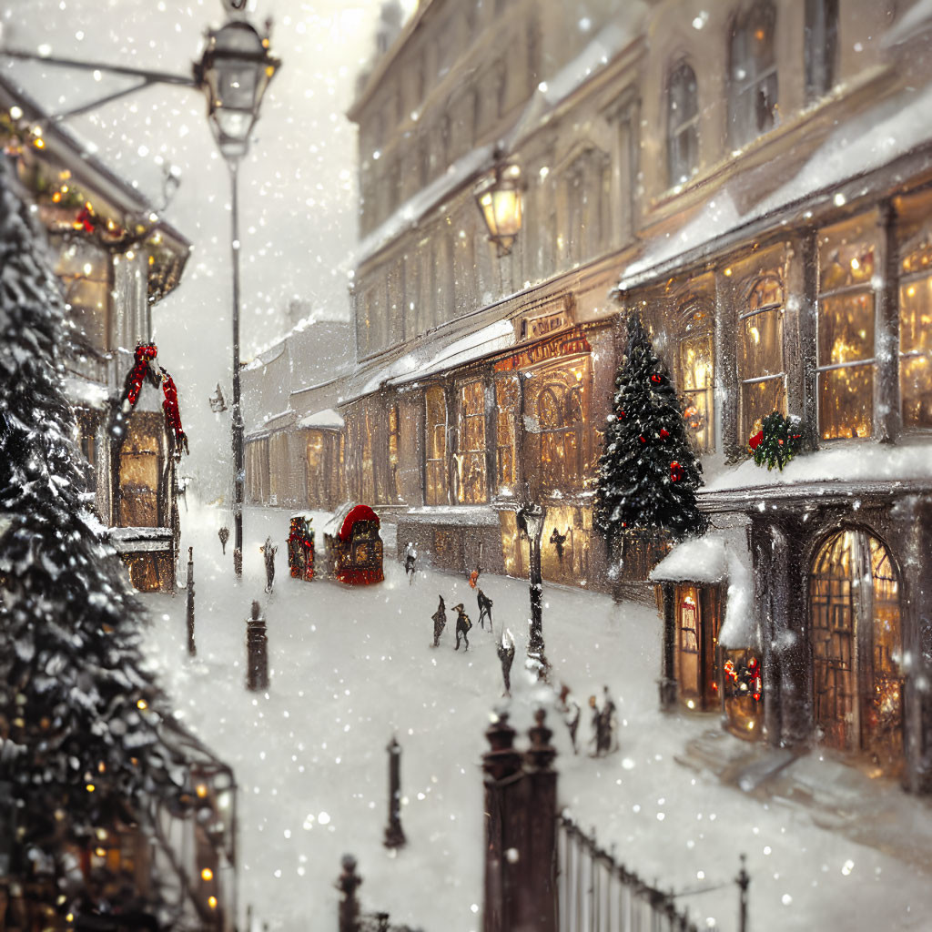 Winter Scene: Snowy Street with Festive Decorations and Illuminated Shop Windows