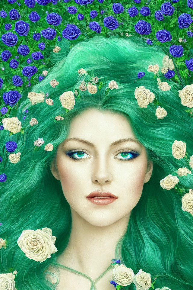 Fantastical portrait of a woman with blue eyes and green hair among blue and white roses.