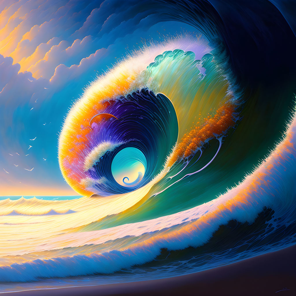 Colorful digital artwork of a massive wave under a sunset sky.