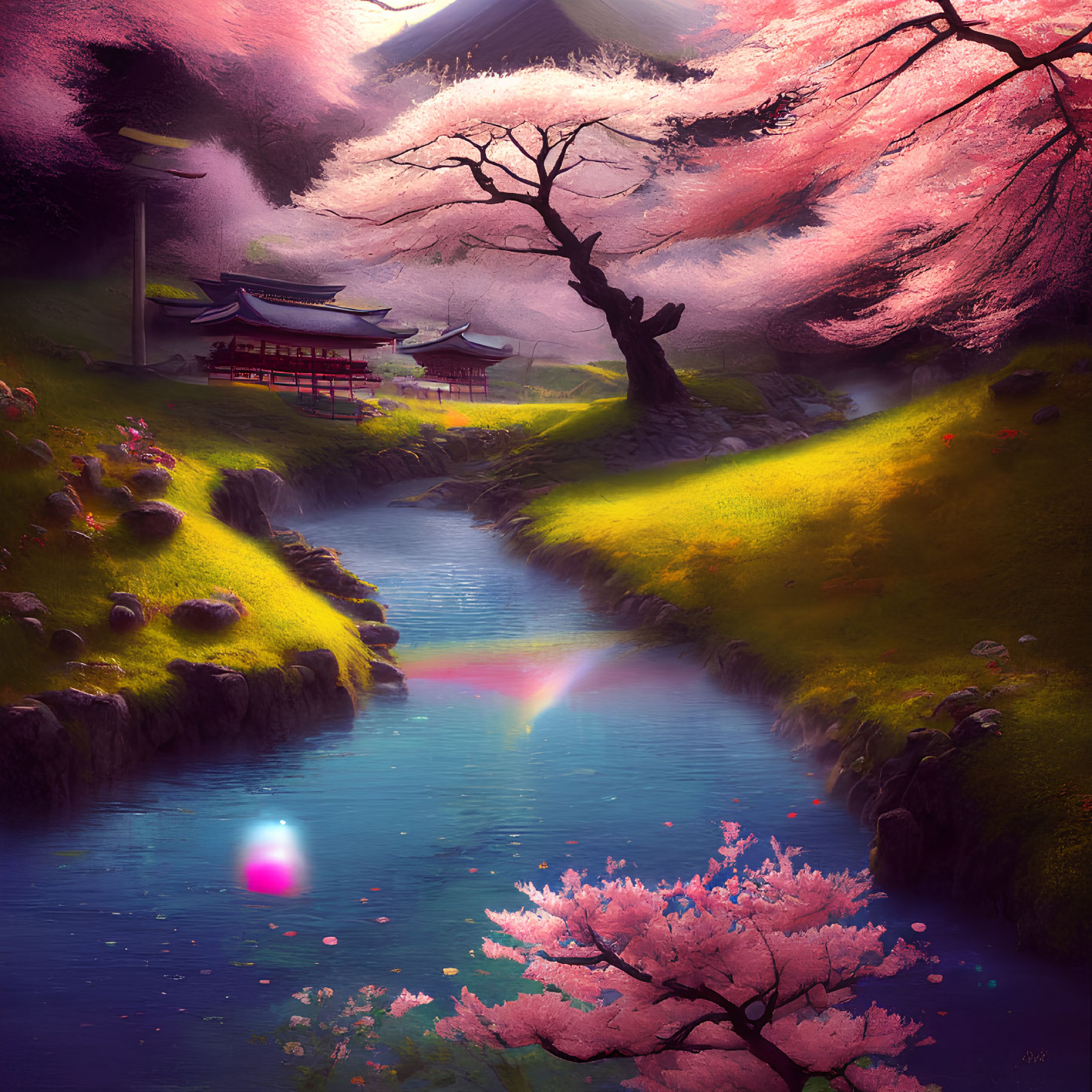 Tranquil Japanese landscape with cherry blossoms, temple, and rainbow