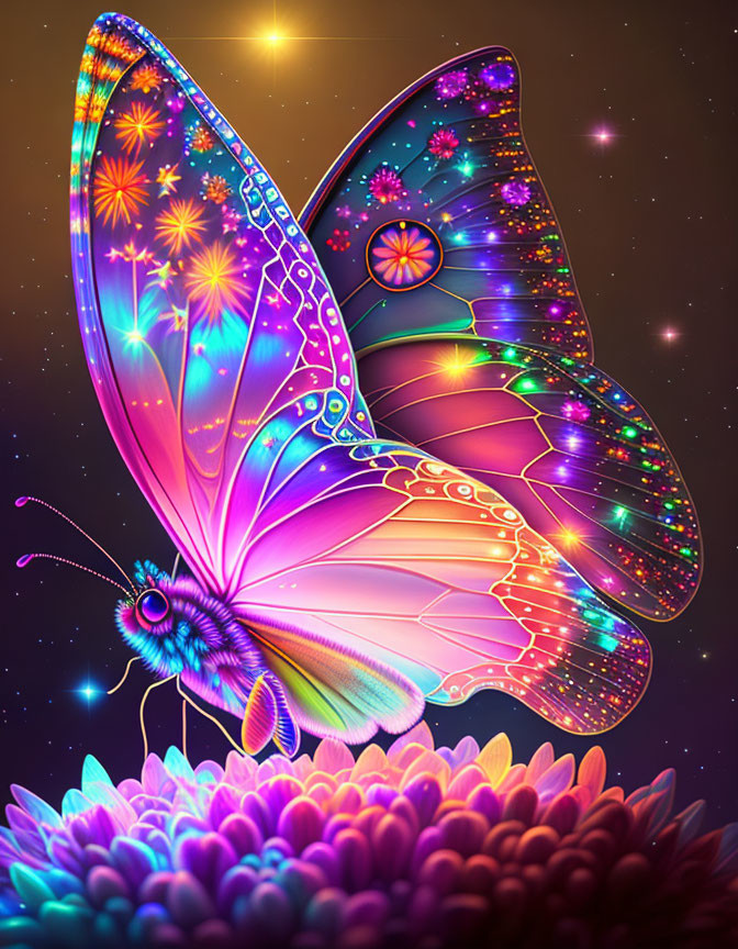 Colorful Digital Artwork: Butterfly with Cosmic Wings on Starry Background