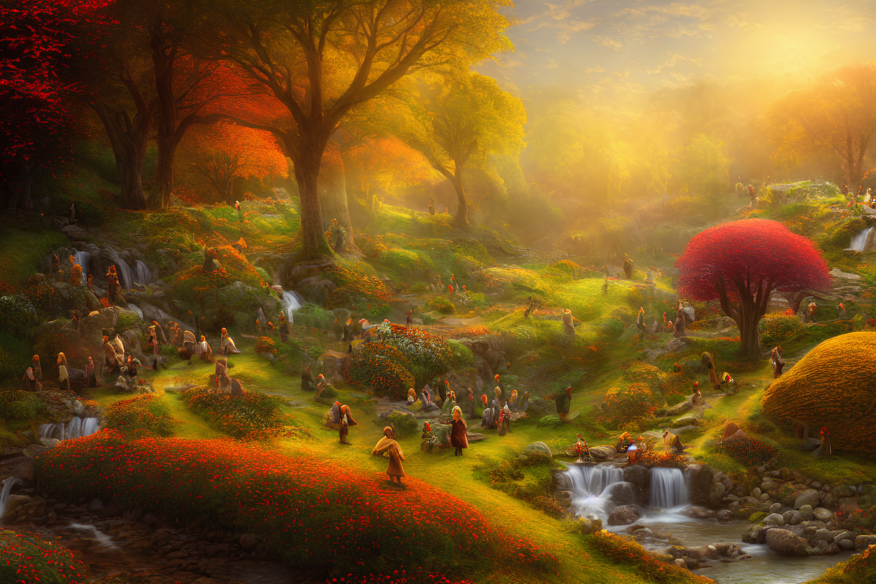 Vibrant autumn landscape with people, trees, streams, and sunlight