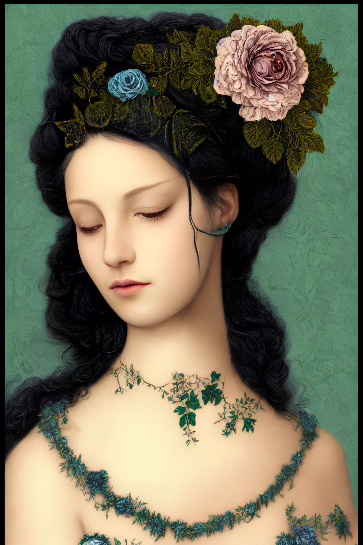 Woman with Floral Wreath and Ivy Necklace on Green Background