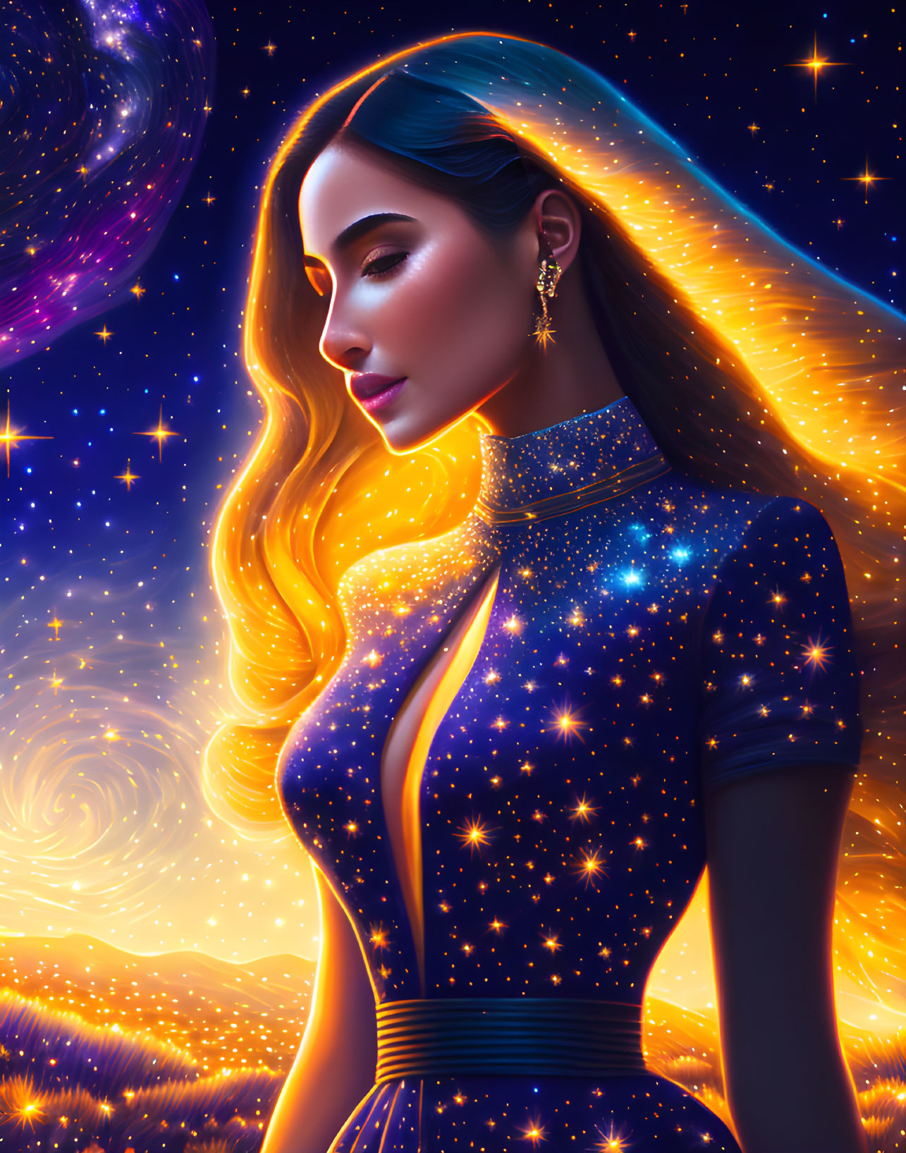 Digital portrait of woman with flowing hair in cosmic setting adorned with stars