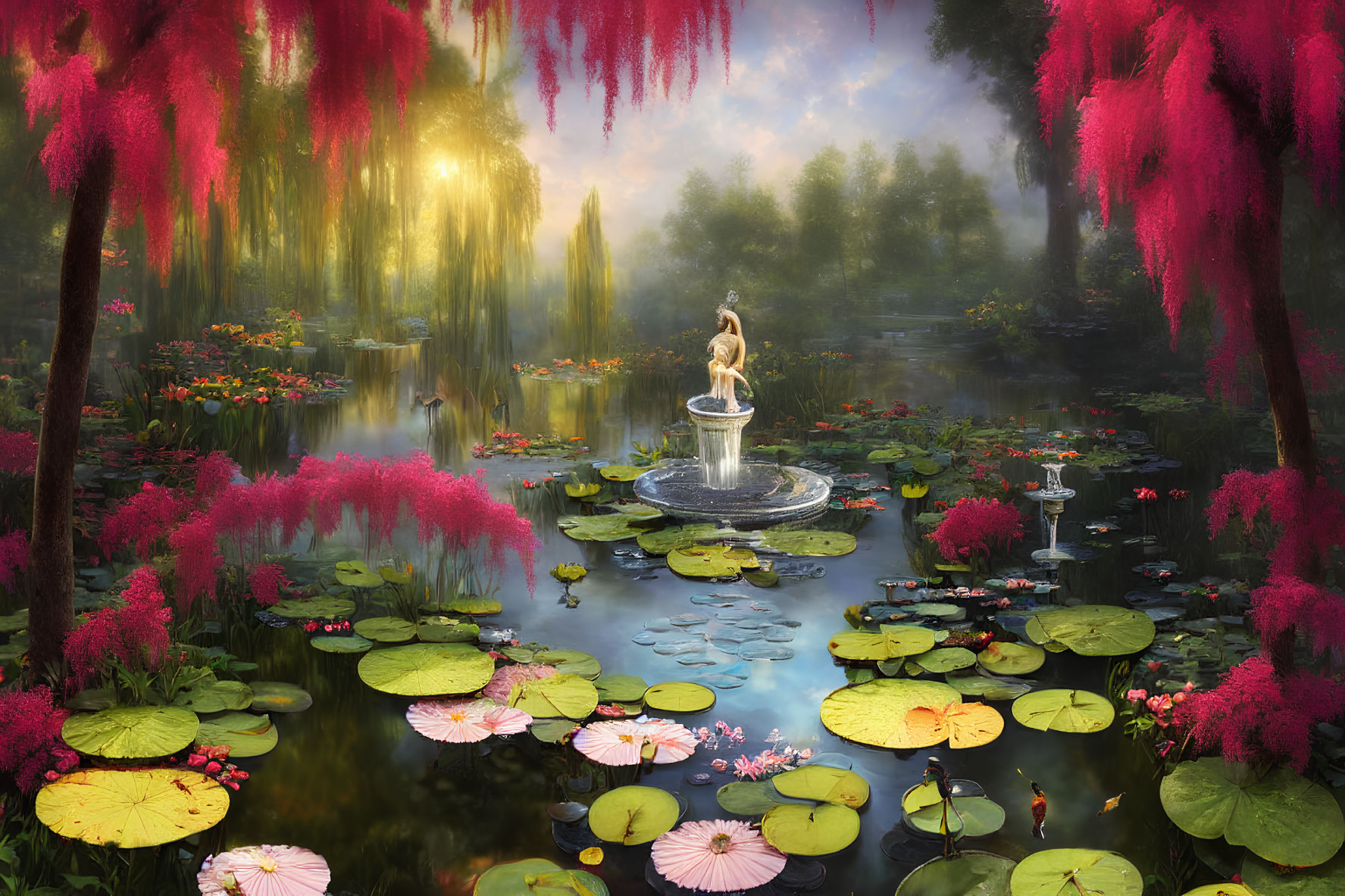 Tranquil pond with lily pads, pink flowers, trees, and fountain