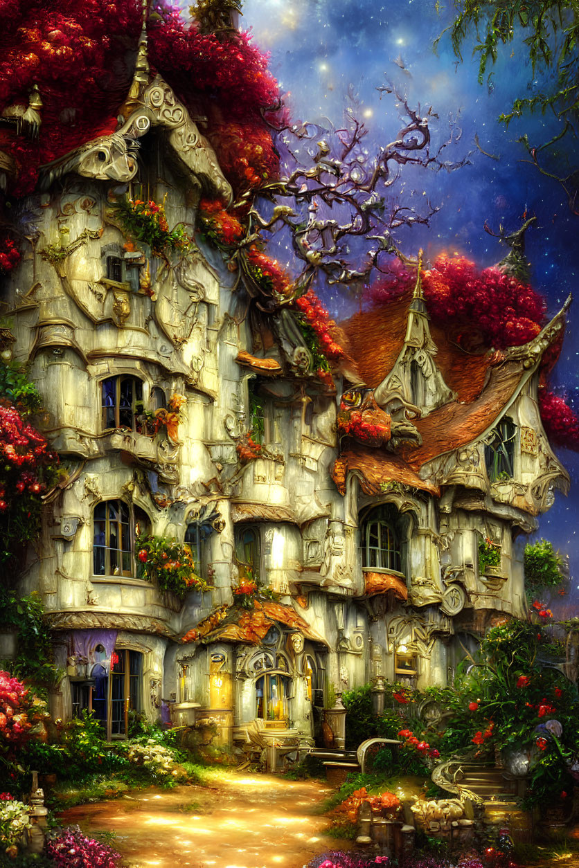 Enchanting multi-story fantasy cottage with vibrant flowers and glowing windows at twilight