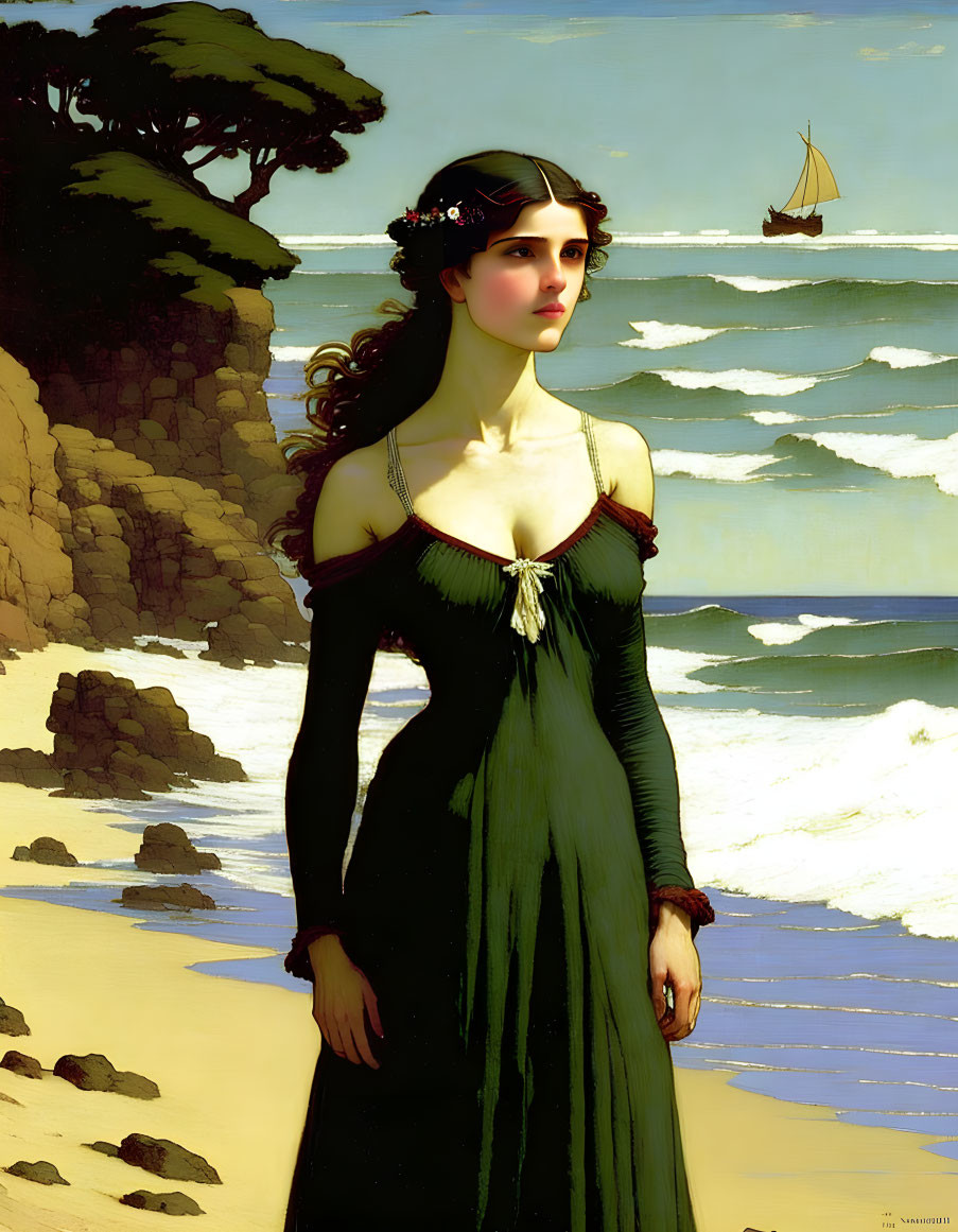 Woman in green dress on beach gazes at sailing boat