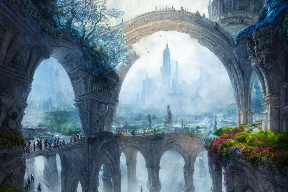 Fantasy city with ornate stone arches, bustling streets, greenery, and mist-shrou