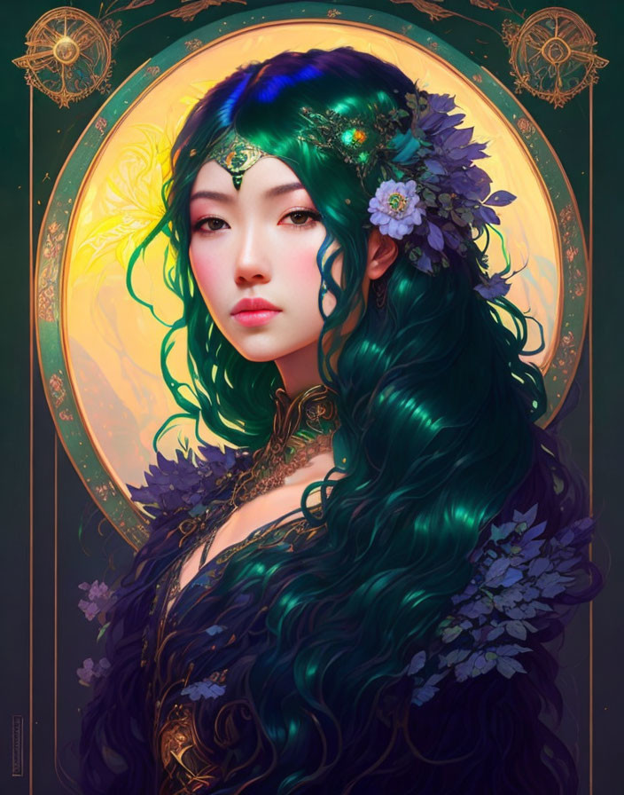 Woman with Long Green Hair and Flowers in Golden Background