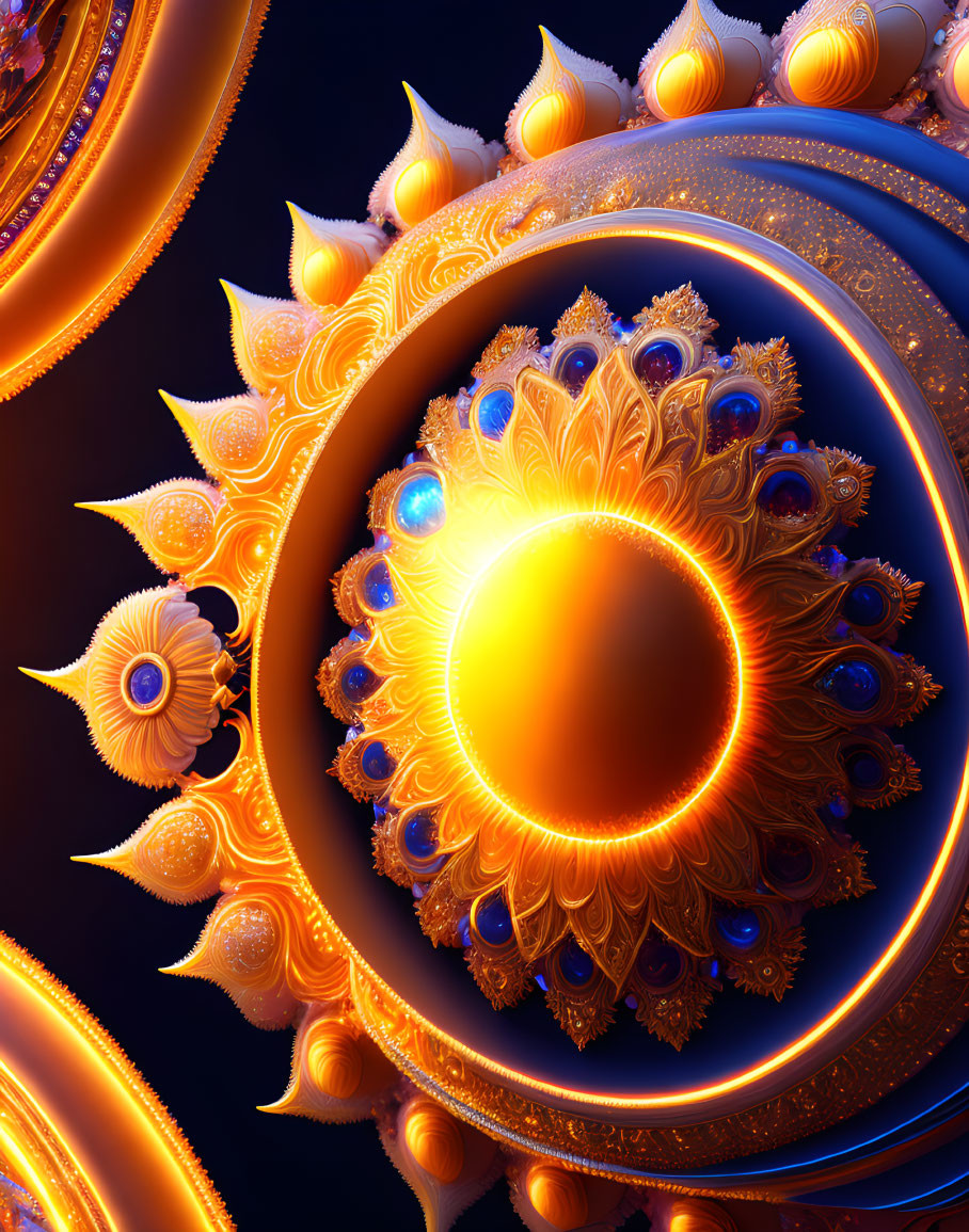 Intricate golden fractal art with glowing edges on deep blue background