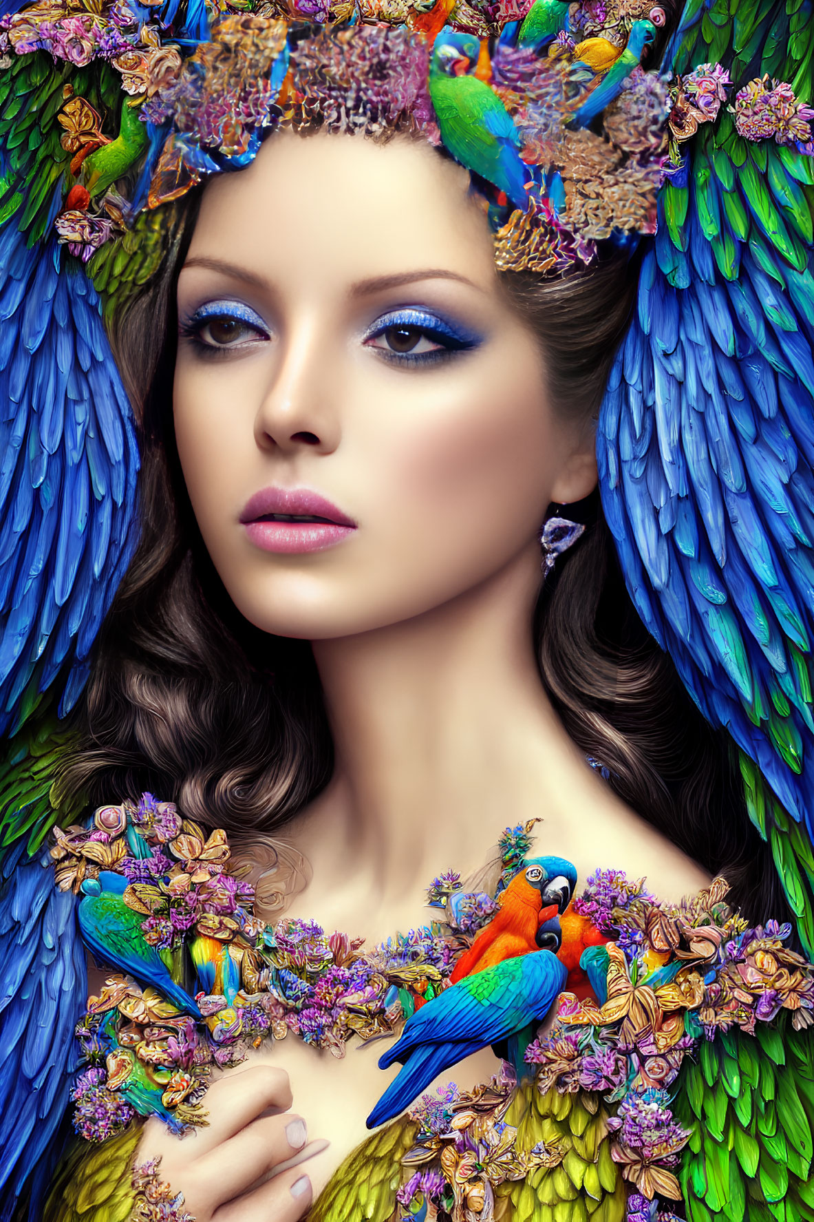 Woman with Blue and Green Bird Features and Floral Crown