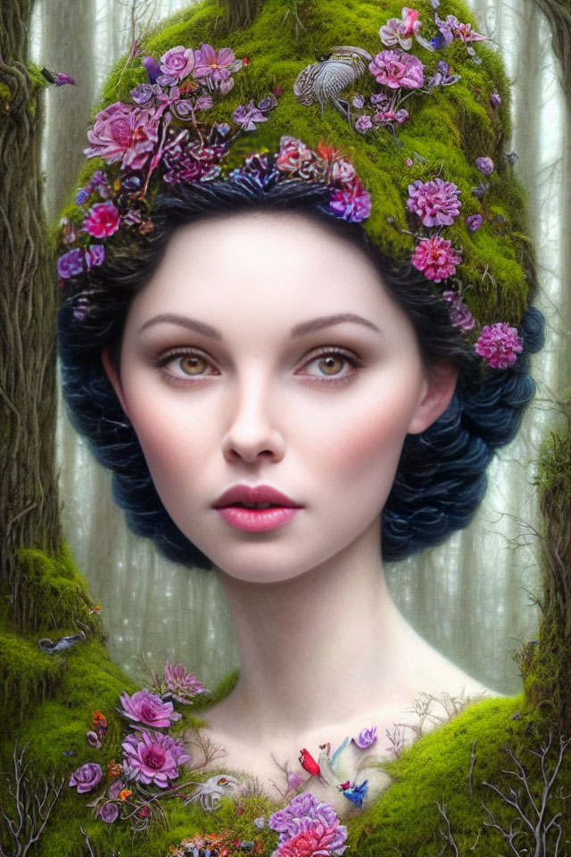 Woman with floral and moss headdress in forest - ethereal beauty, striking eyes, rosy cheeks