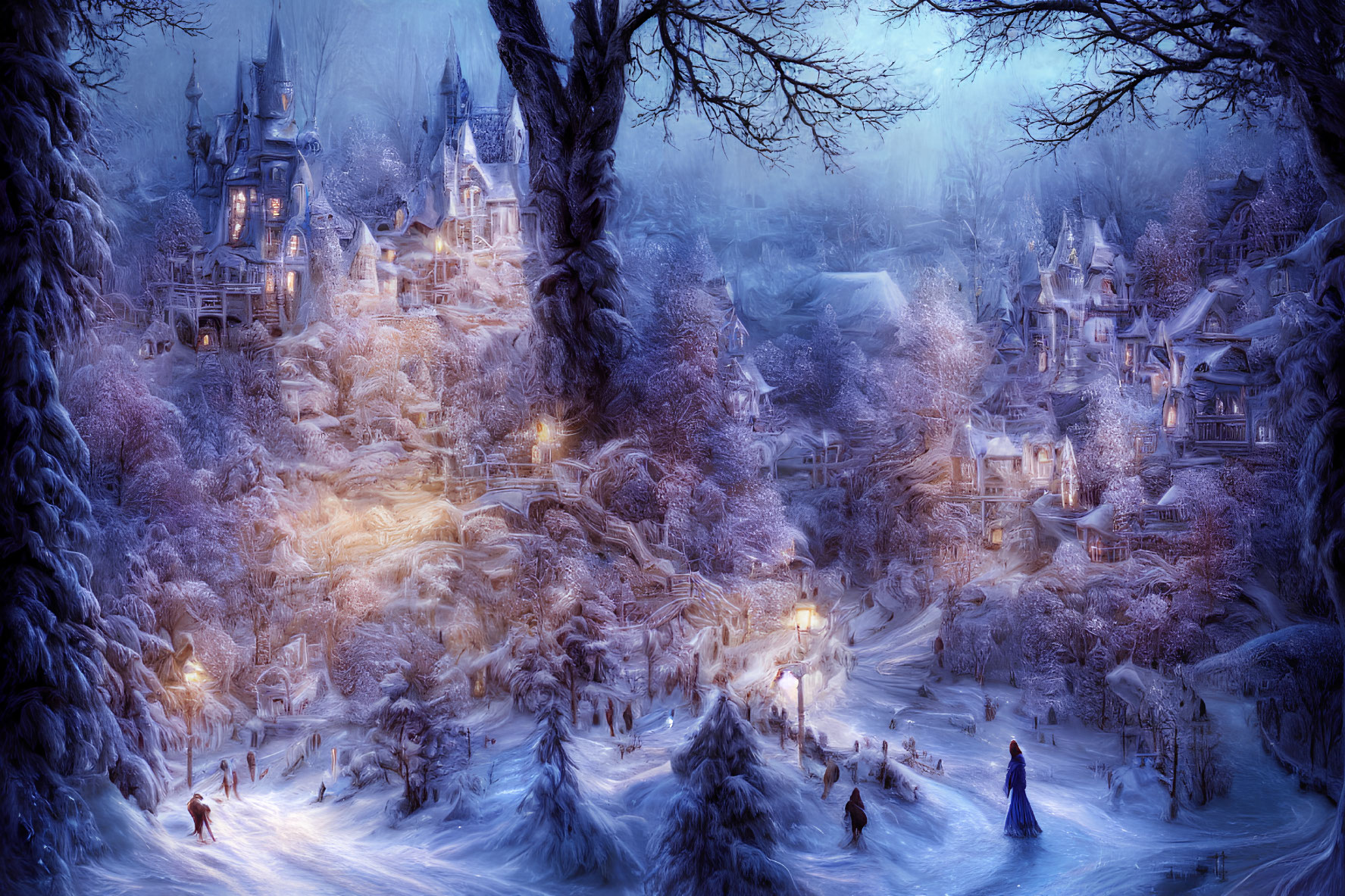 Snow-covered winter village with glowing lights and castle at twilight