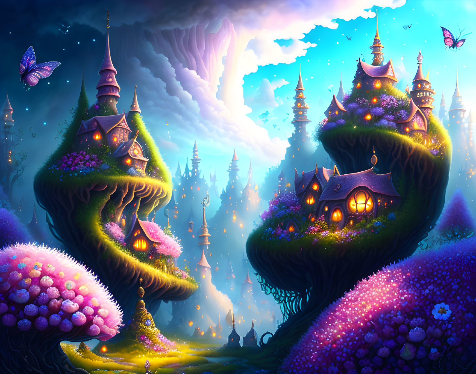 Fantasy landscape with floating islands, vibrant flora, luminous buildings, and oversized butterflies