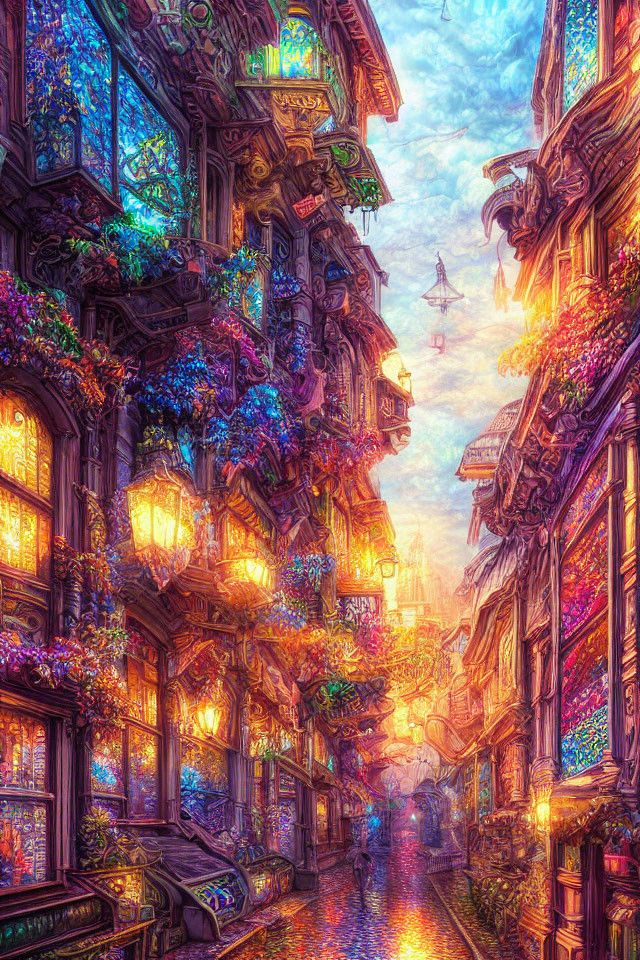 Enchanting cobblestone street with whimsical buildings and glowing lanterns