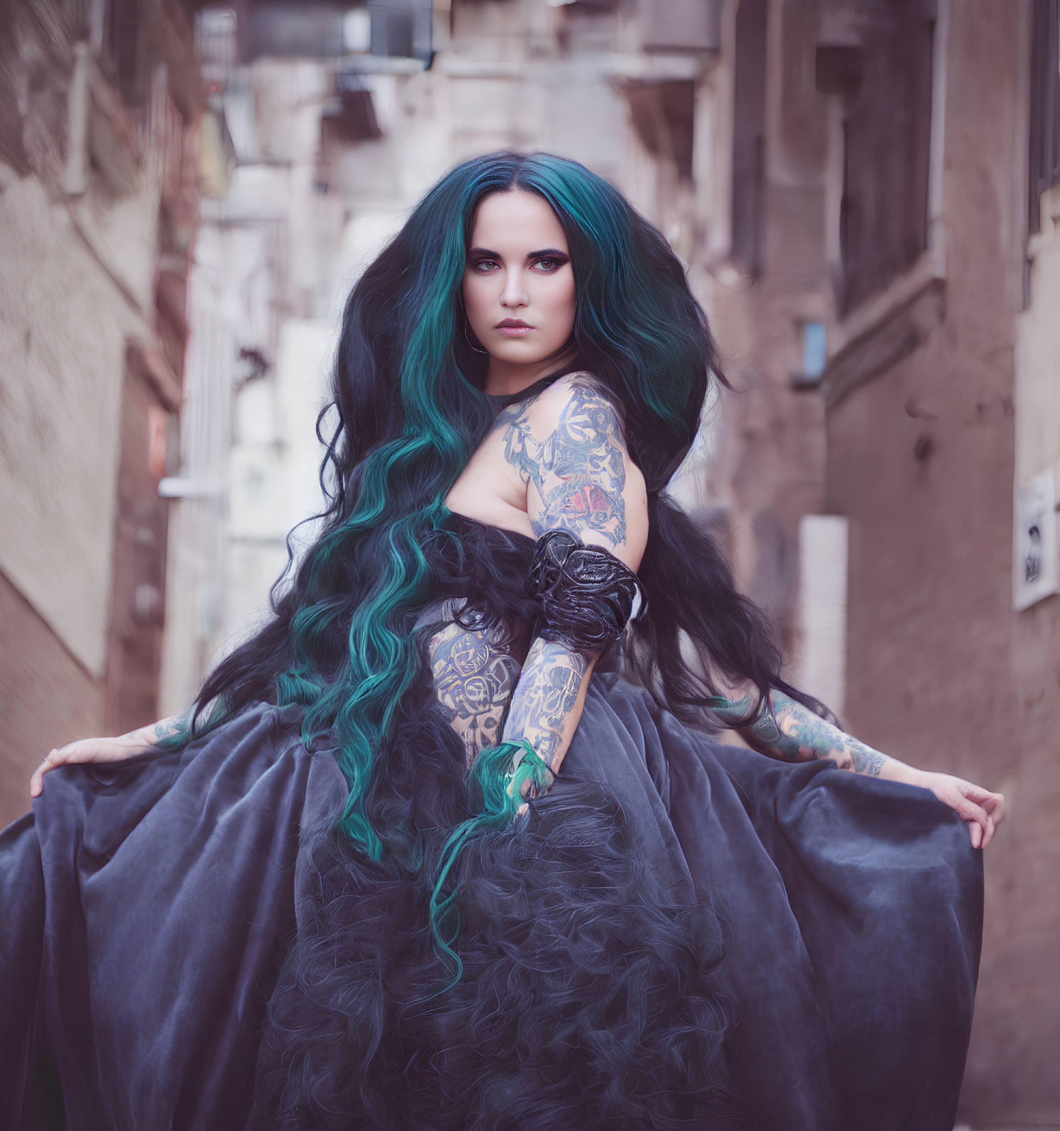 Teal-haired woman with sleeve tattoos in dark dress in alleyway