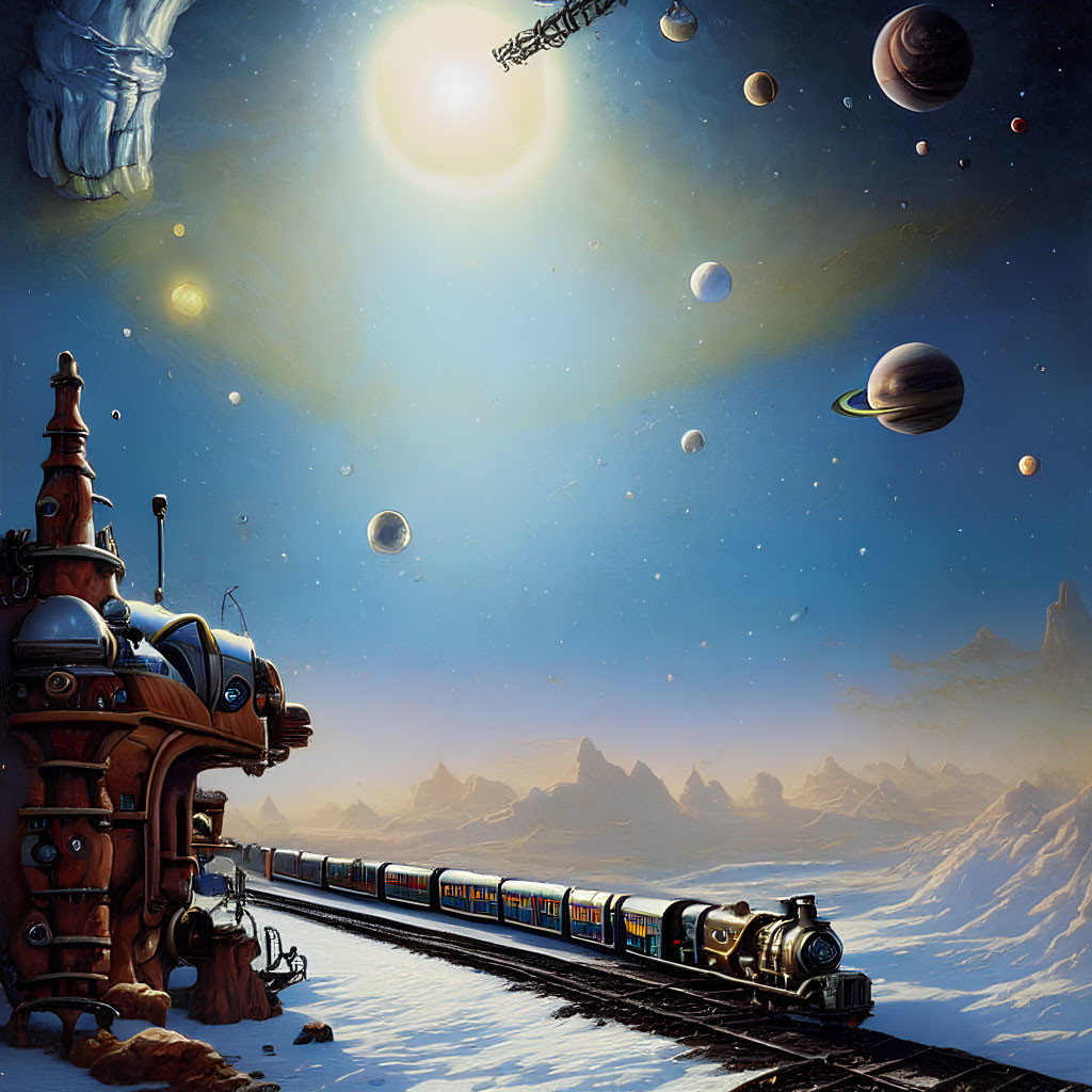 Fantastical space scene: steam train on icy planet with mountains, moons, and star-filled sky