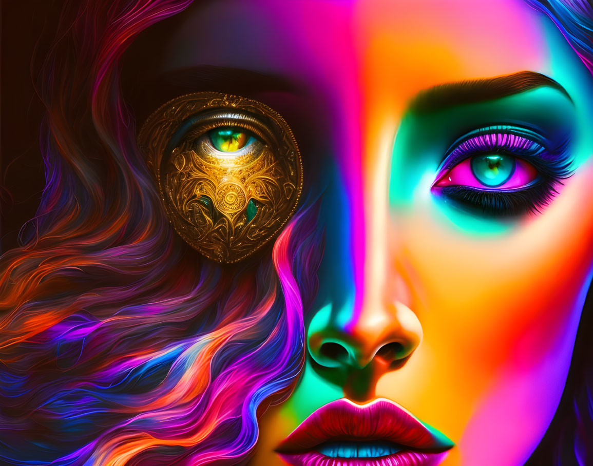 Colorful digital artwork of a woman in a golden masquerade mask with intricate eye detail