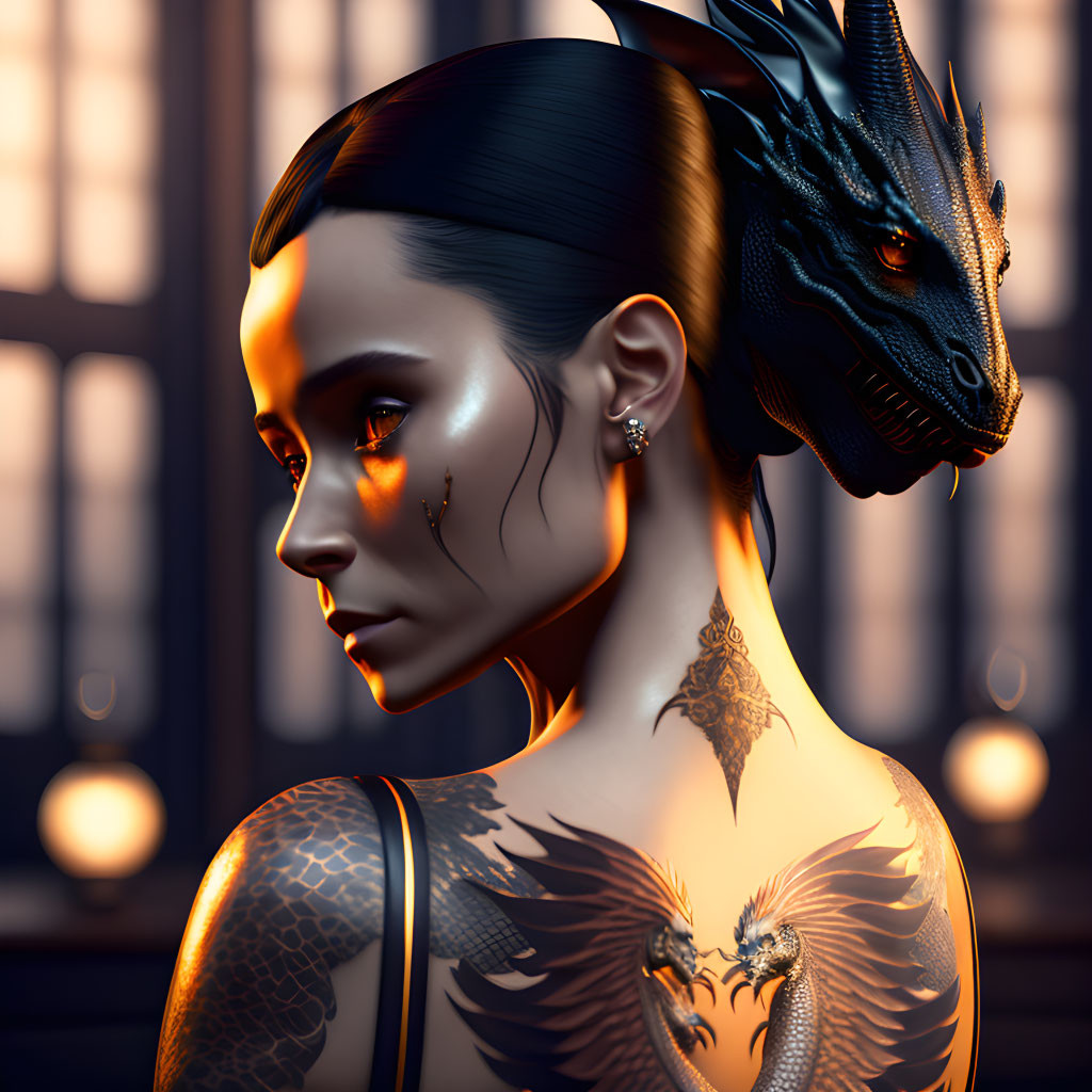 Woman with dragon tattoo on back accompanied by black dragon in front of glowing amber lights