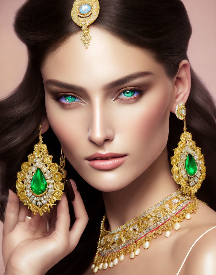 Brunette Woman with Blue Eyes in Gold and Gemstone Jewelry