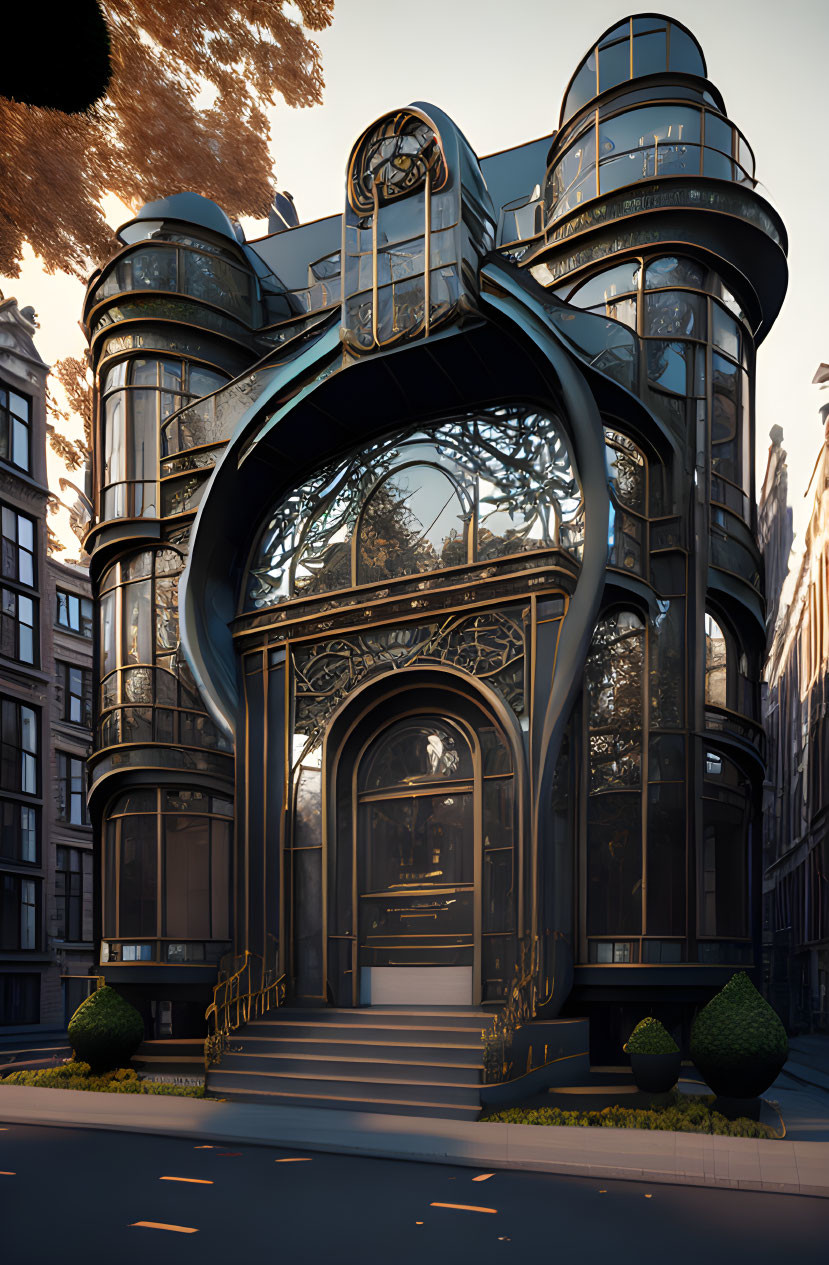 Ornate Art Nouveau Building with Curved Glass Windows