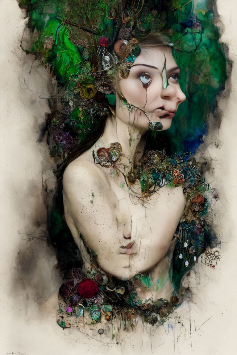 Intricate floral and jewel-like elements on a woman's portrait with abstract green background.