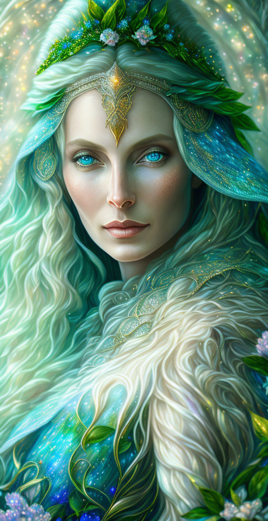 Ethereal woman with blue eyes in elaborate crown, surrounded by magical flowers