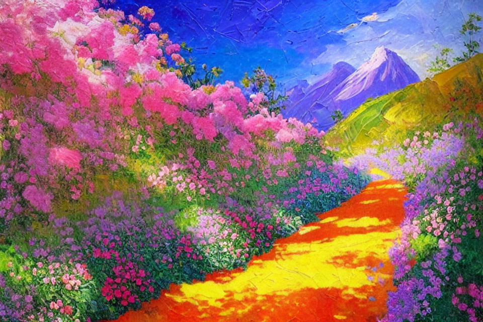 Colorful Flower Field Painting with Path, Pink and Purple Hues, Blue Sky, Mountain