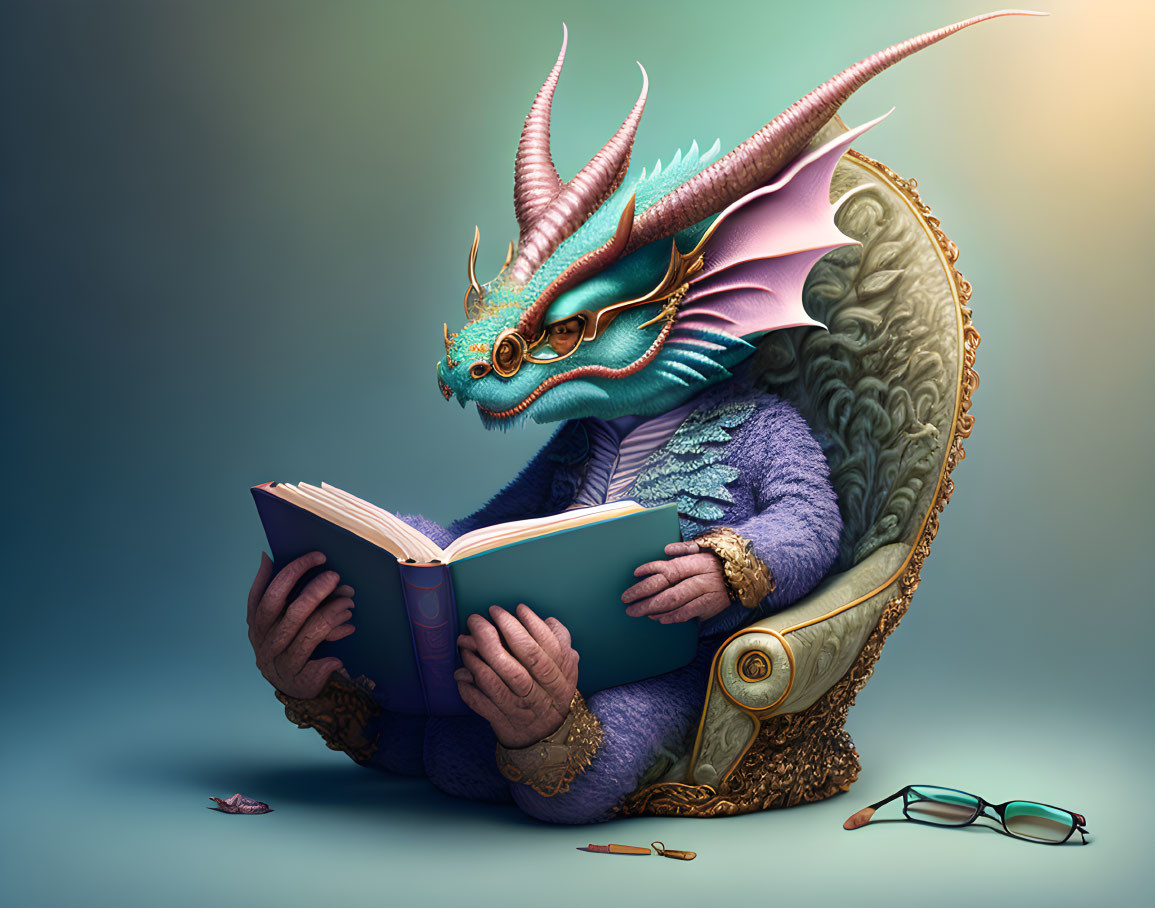 Colorful Dragon in Sweater Reading Book in Ornate Chair