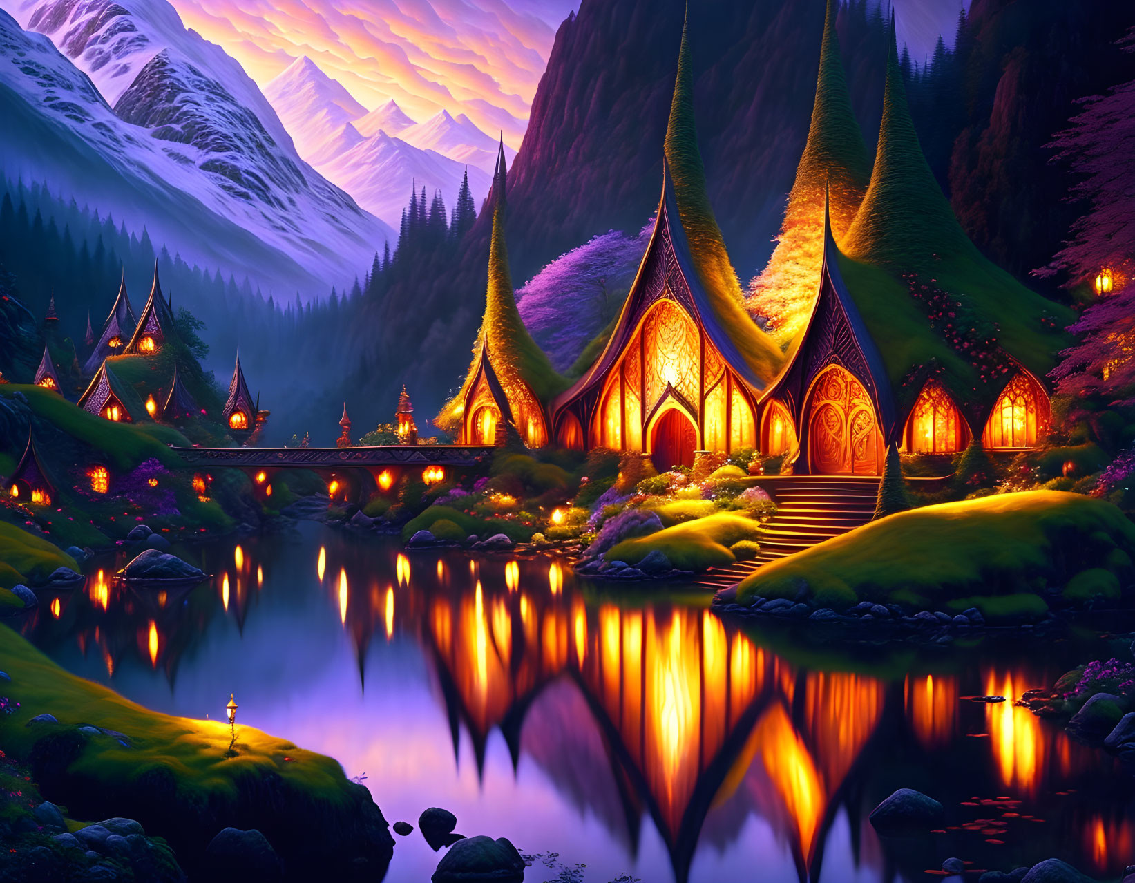 Illuminated fantasy landscape with pointed-arch houses, reflective lake, mountains, and vibrant twilight sky