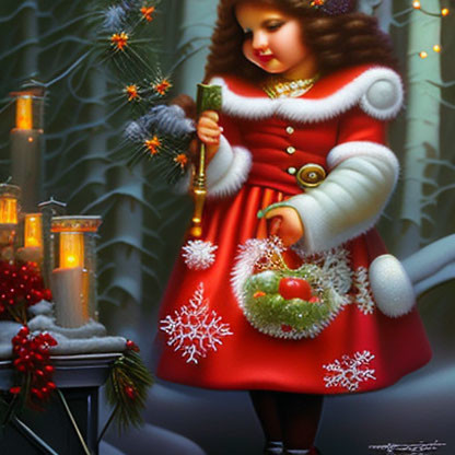 Child in Red and White Winter Dress with Sparkler and Ornaments by Candles