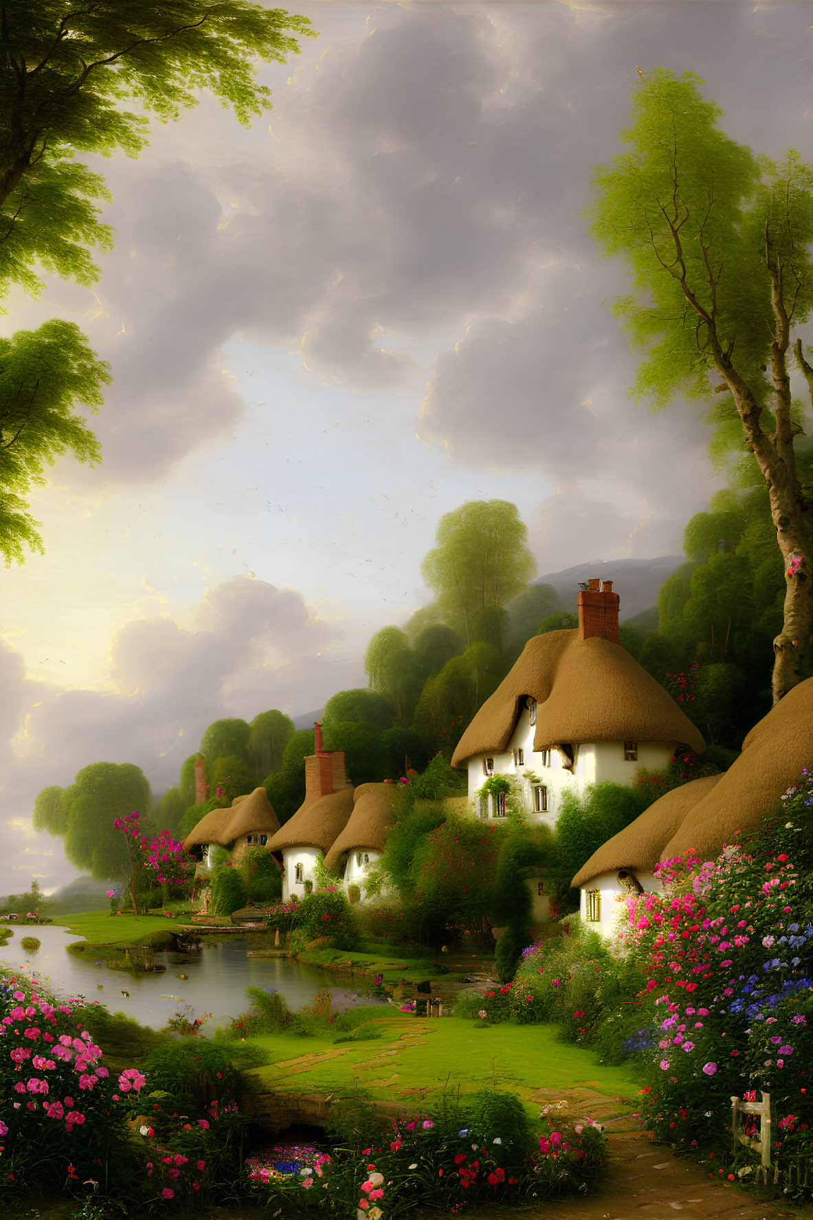 Tranquil countryside scene with thatched-roof cottages, lush greenery, colorful flowers,