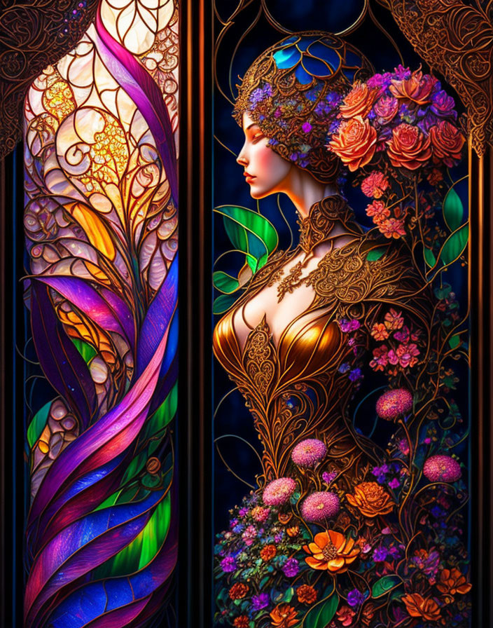 Colorful woman with floral and peacock feather motifs on stained glass backdrop