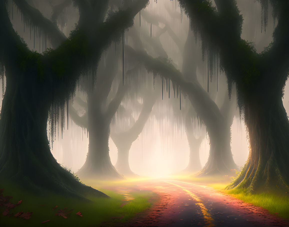 Enchanting forest pathway with ancient trees and sunlight filtering through mist