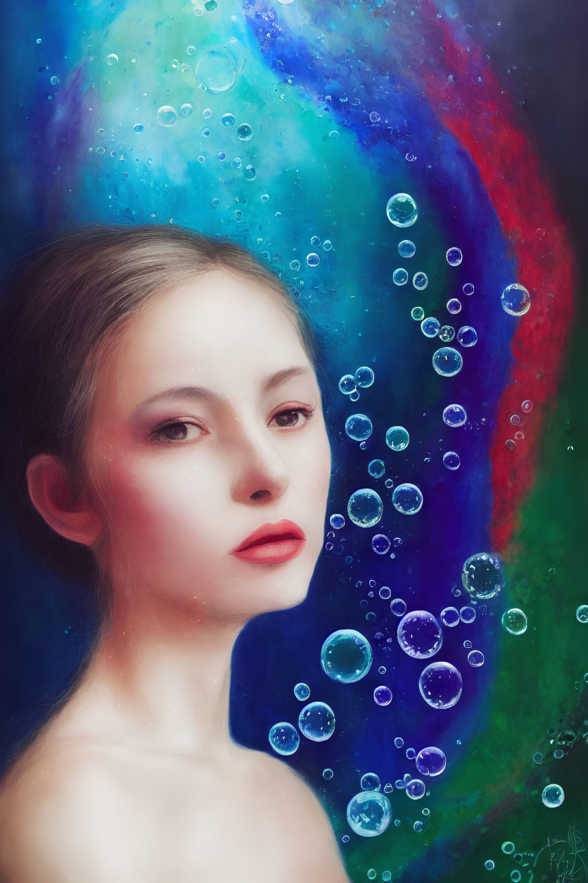Young woman portrait with cosmic backdrop and colorful bubbles.
