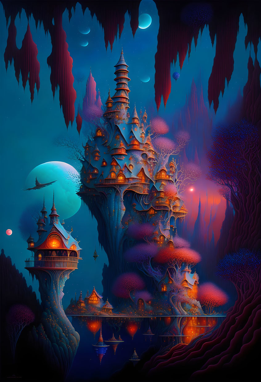 Fantastical colorful cave with elaborate castle and exotic trees under surreal night sky