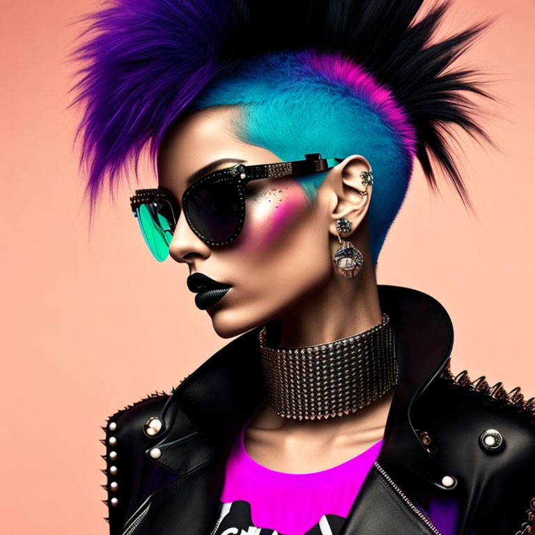 Person with punk-inspired mohawk and sunglasses on pink background