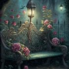 Vintage Bench with Roses in Mystical Garden Setting