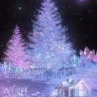 Enchanted snowy scene with glowing Christmas tree in twilight forest