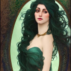 Stylized portrait of a woman with green hair in golden frame