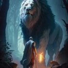 Blue lions in mystical forest with ethereal lighting