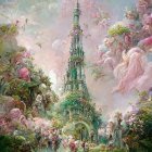 Fantastical castle in clouds with colorful bubbles and lush greenery