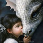 Young Child with Dark Hair Interacts with Detailed Dragon in Ornate Attire