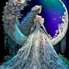 Celestial woman with star-infused hair and gown holding glowing crescent moon on ladder