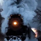 Vintage steam locomotive travels through snowy landscape