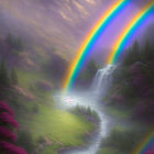 Colorful rainbow over lush valley with waterfalls, blooming trees, and tranquil river at dawn