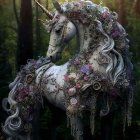 Ethereal unicorn with mechanical parts in mystical green and brown setting