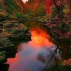 Tranquil stream reflecting vibrant pink and orange sunset